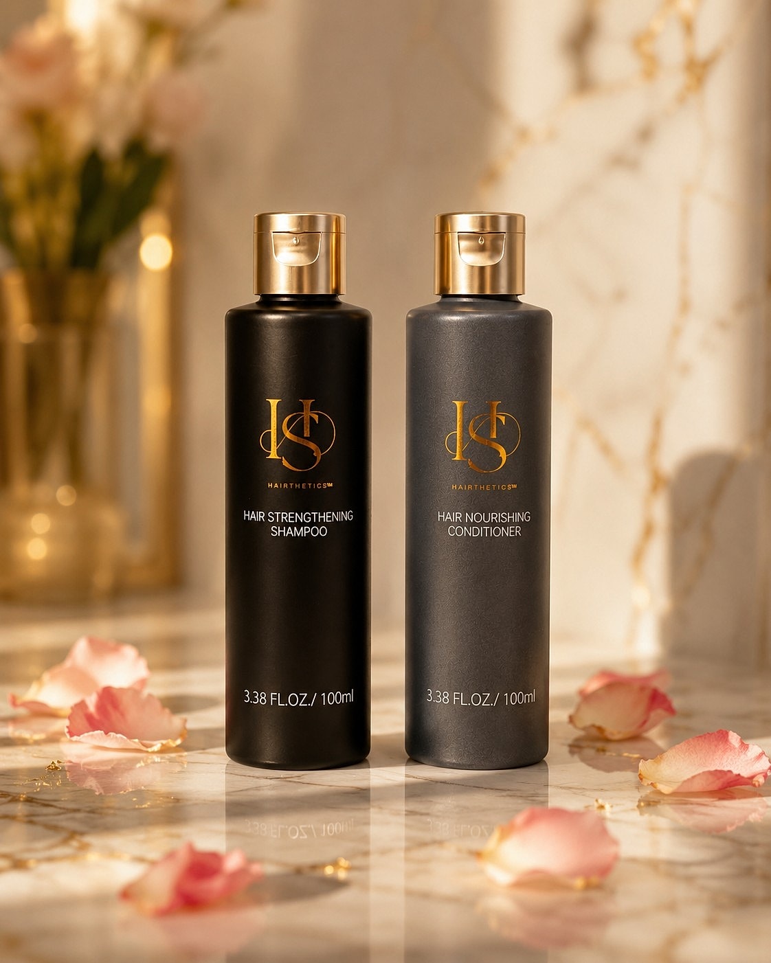 Hair strengthening shampoo and nourishing conditioner bottles