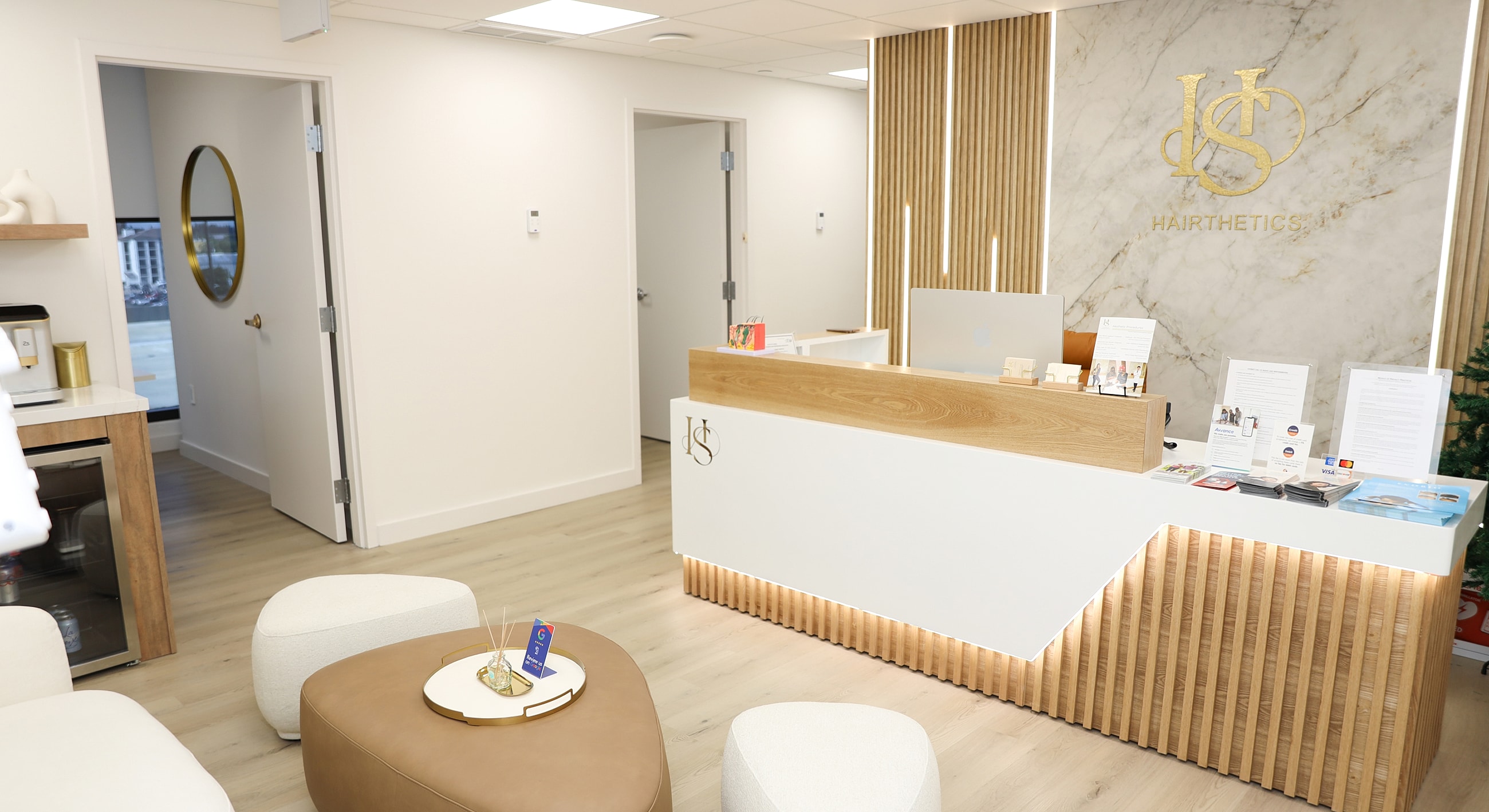 Modern salon reception area with stylish decor.