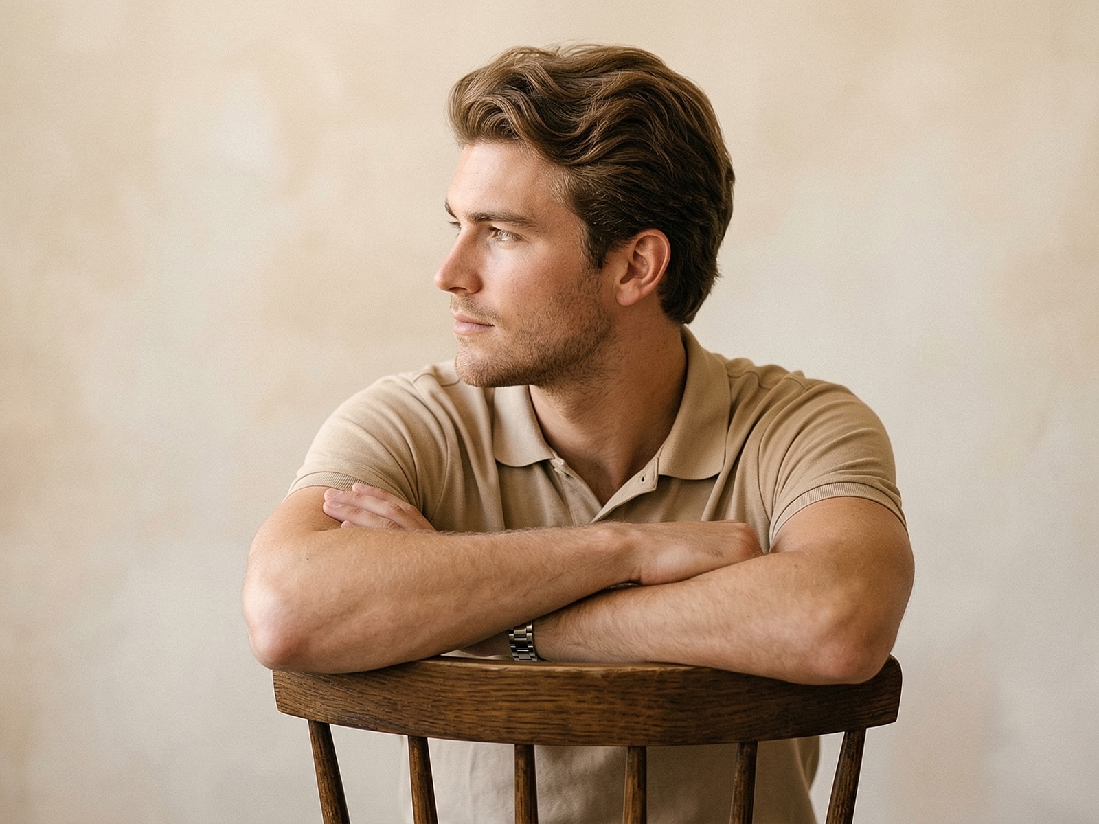 Man sitting on a wooden chair, thoughtful expression.